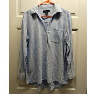 Tahari Size Medium Blue Striped Long Roll-Tab Sleeves Popover Linen Rayon Shirt